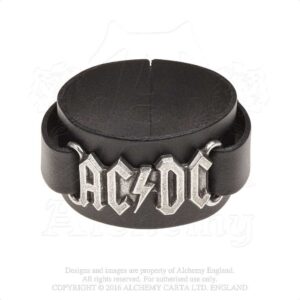 Description for blind people: Leather bracelet with AC/DC logo.